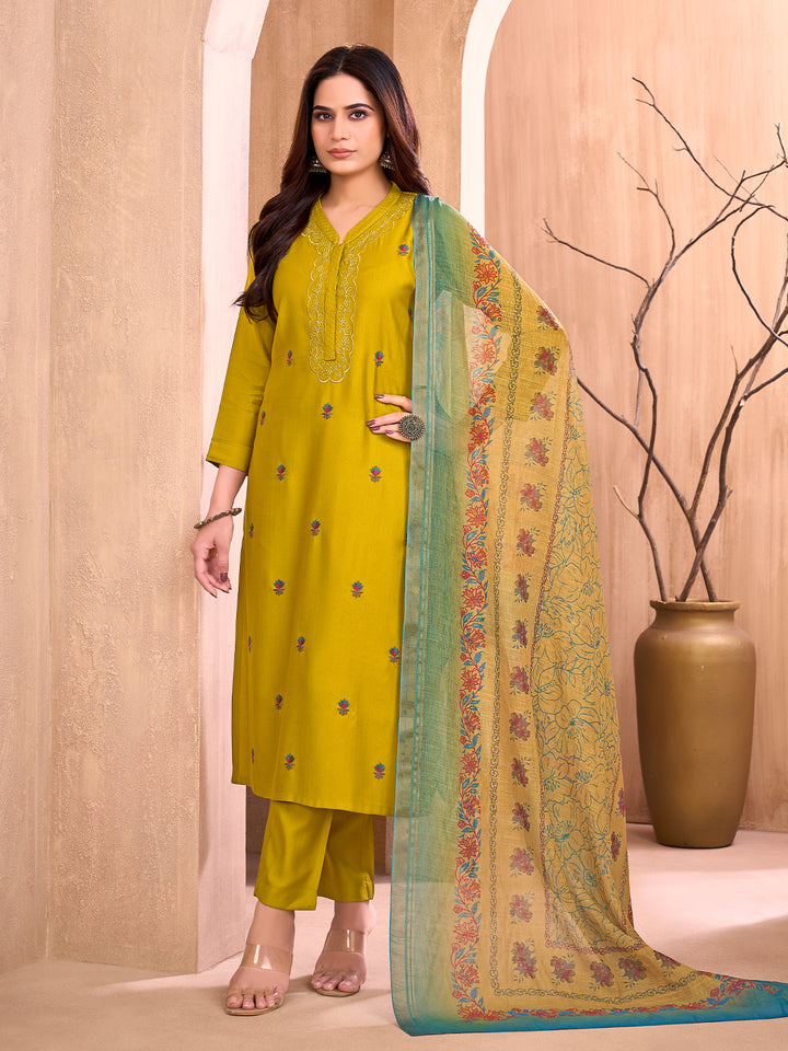 Mustard Yellow Floral Embroidered Suit Set