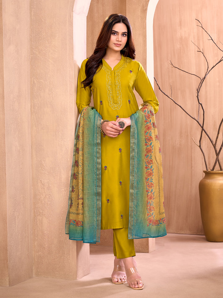 Mustard Yellow Floral Embroidered Suit Set