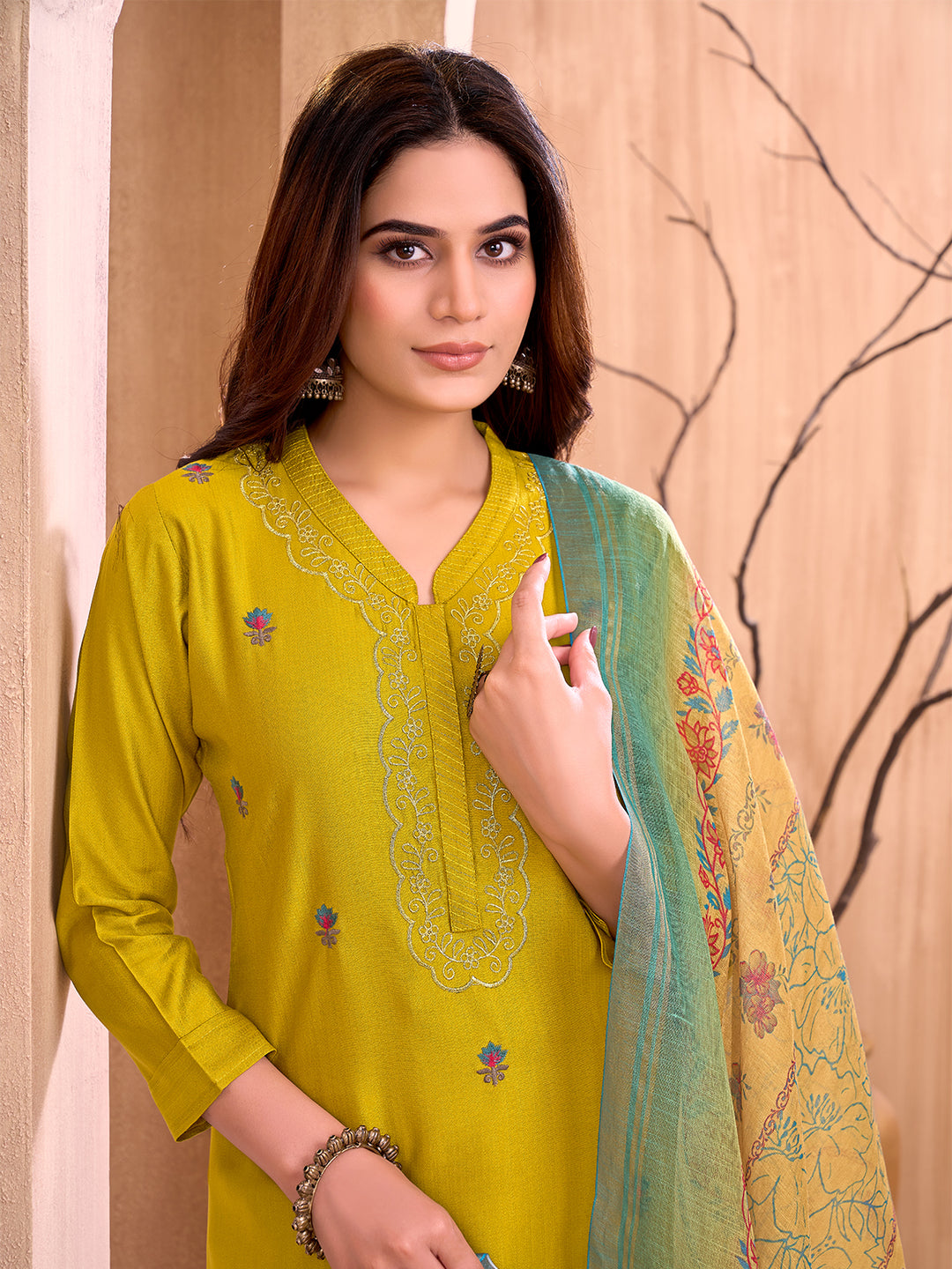 Mustard Yellow Floral Embroidered Suit Set