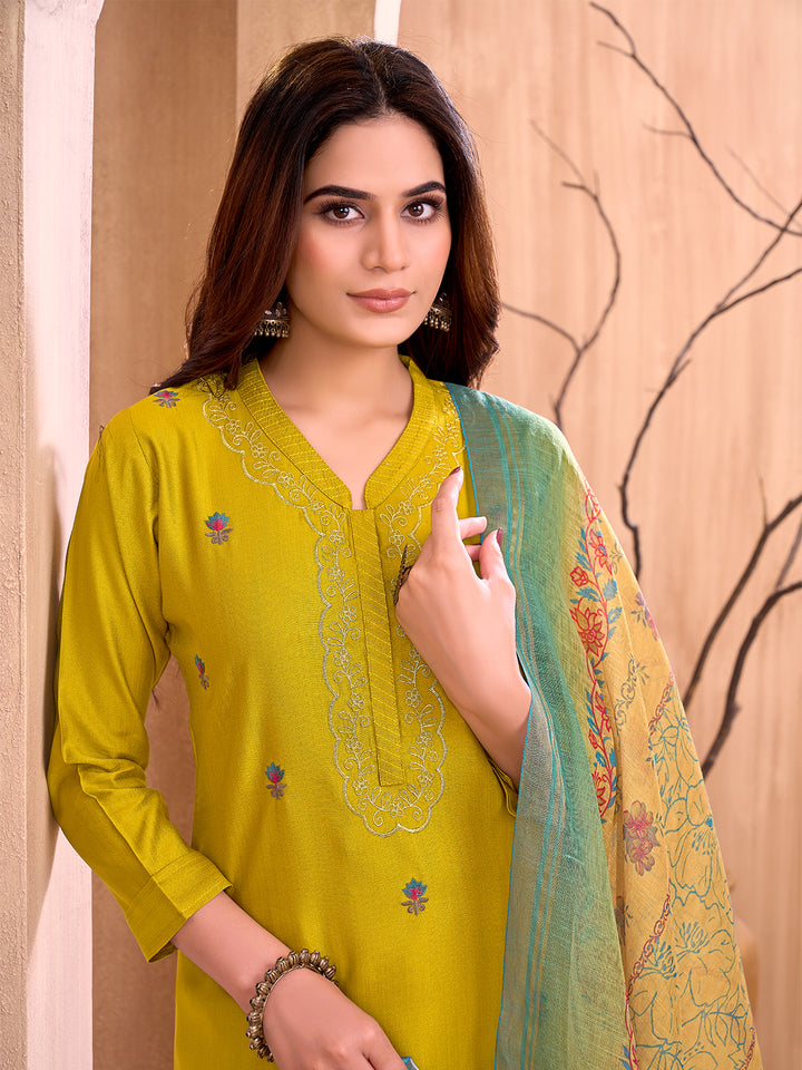 Mustard Yellow Floral Embroidered Suit Set