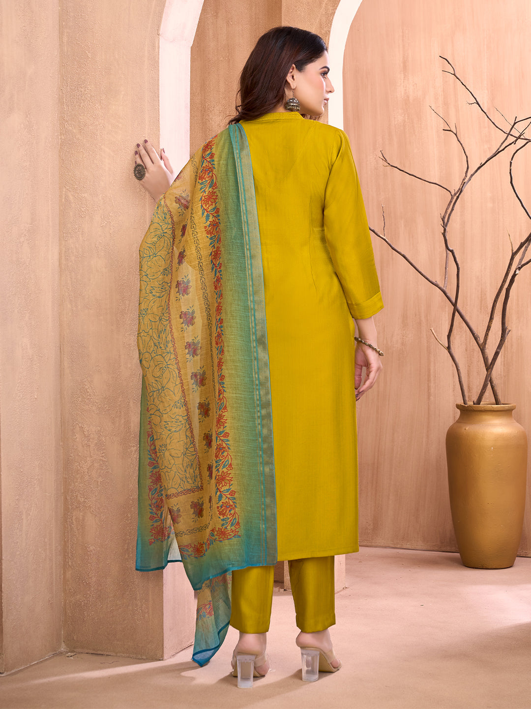 Mustard Yellow Floral Embroidered Suit Set