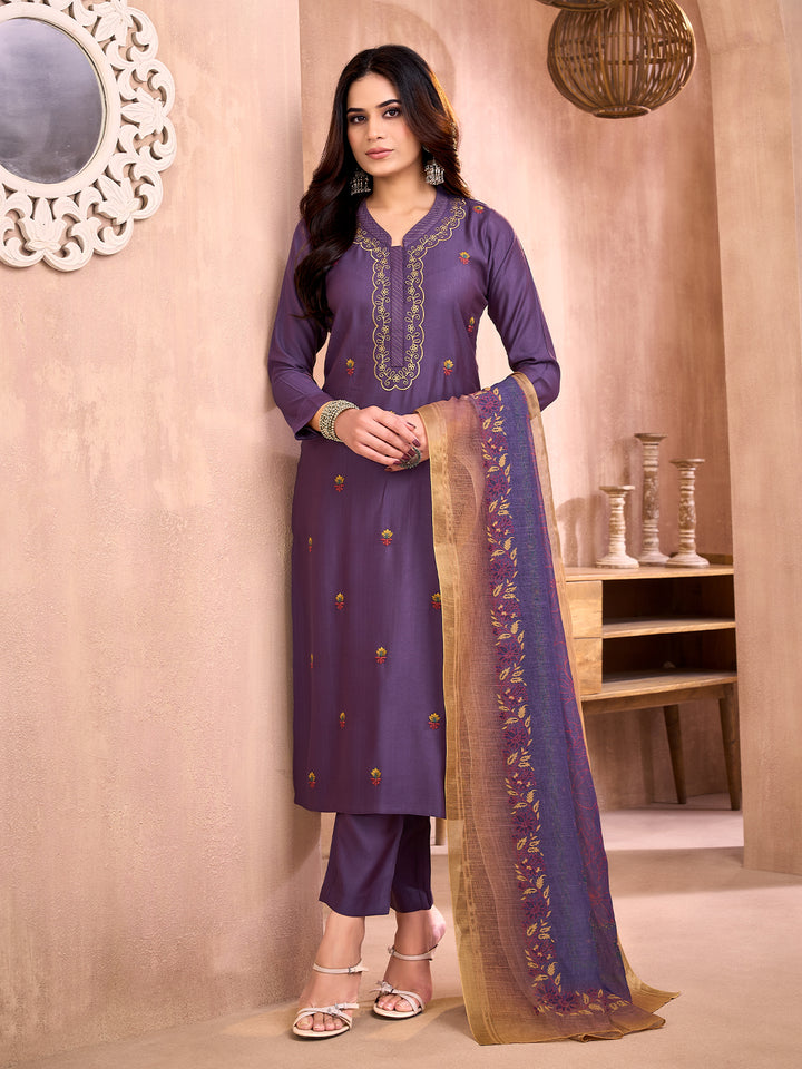 Purple Floral Embroidered Suit Set