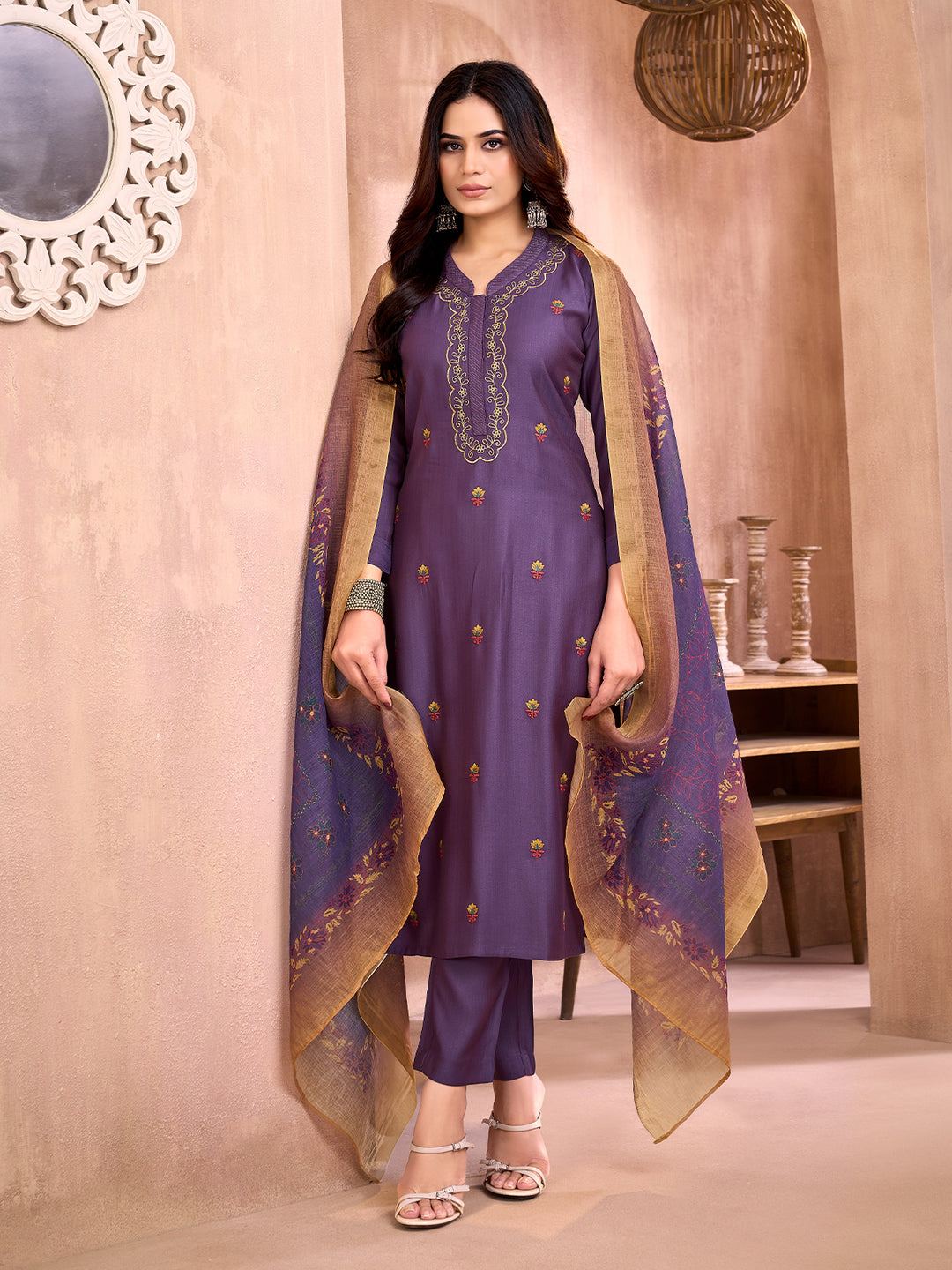 Purple Floral Embroidered Suit Set