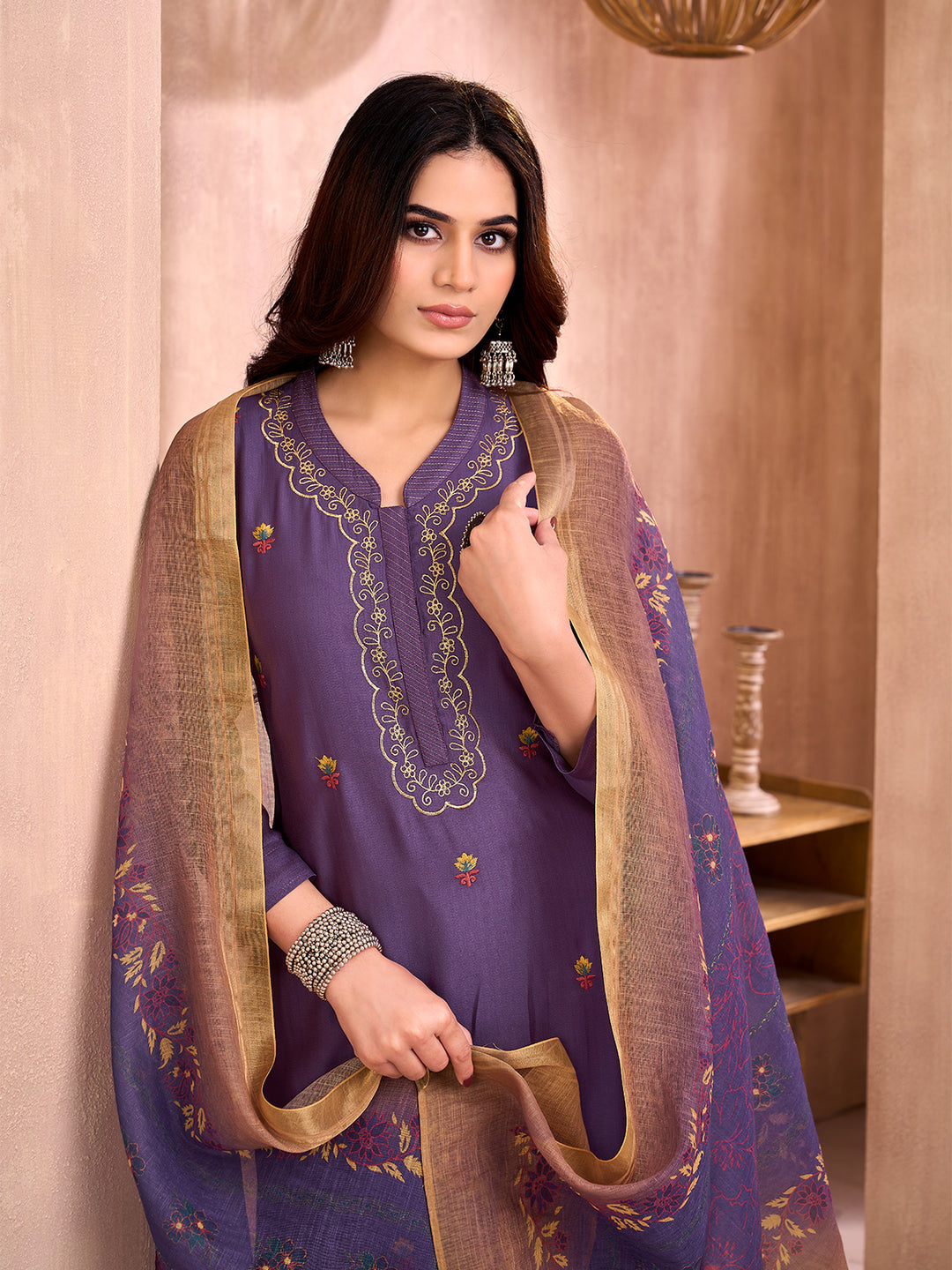 Purple Floral Embroidered Suit Set