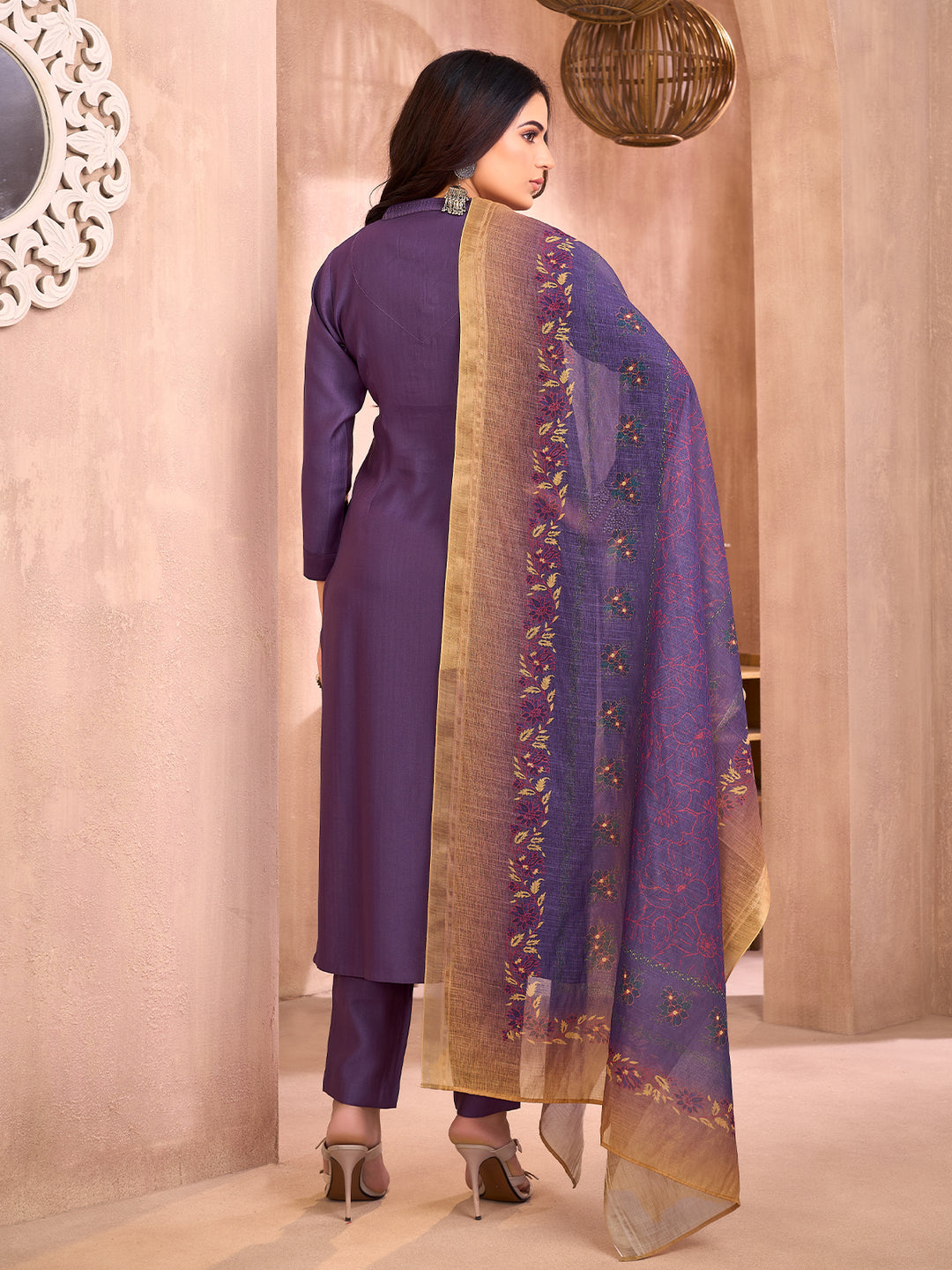 Purple Floral Embroidered Suit Set
