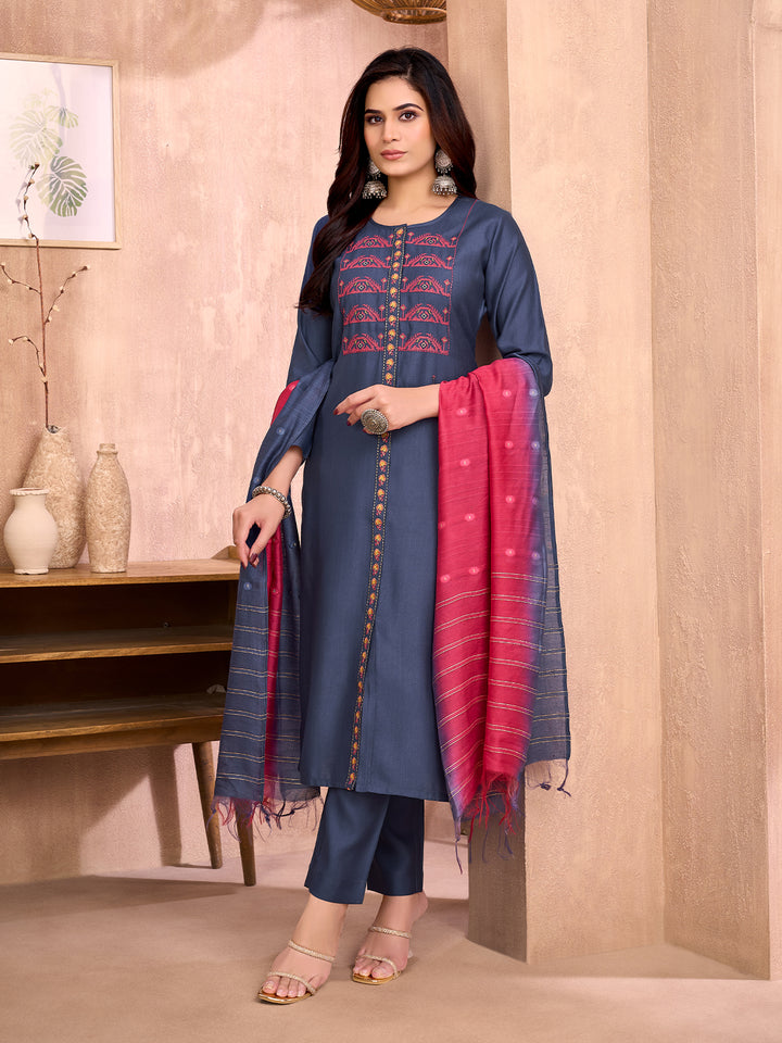 Deep Blue Embroidered Suit Set
