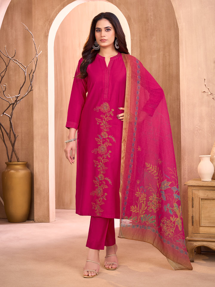 Magenta Pink Embroidered Suit Set