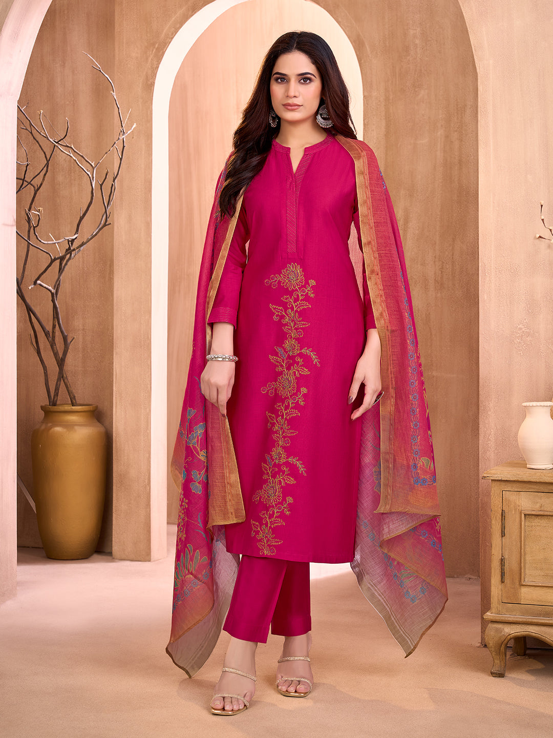Magenta Pink Embroidered Suit Set
