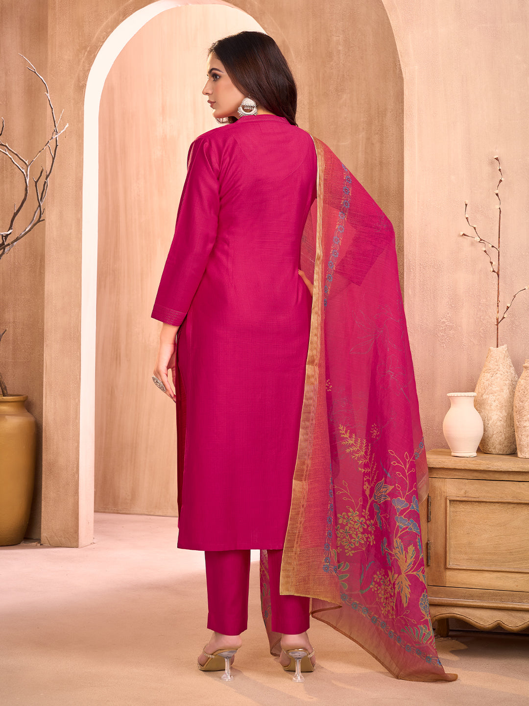 Magenta Pink Embroidered Suit Set