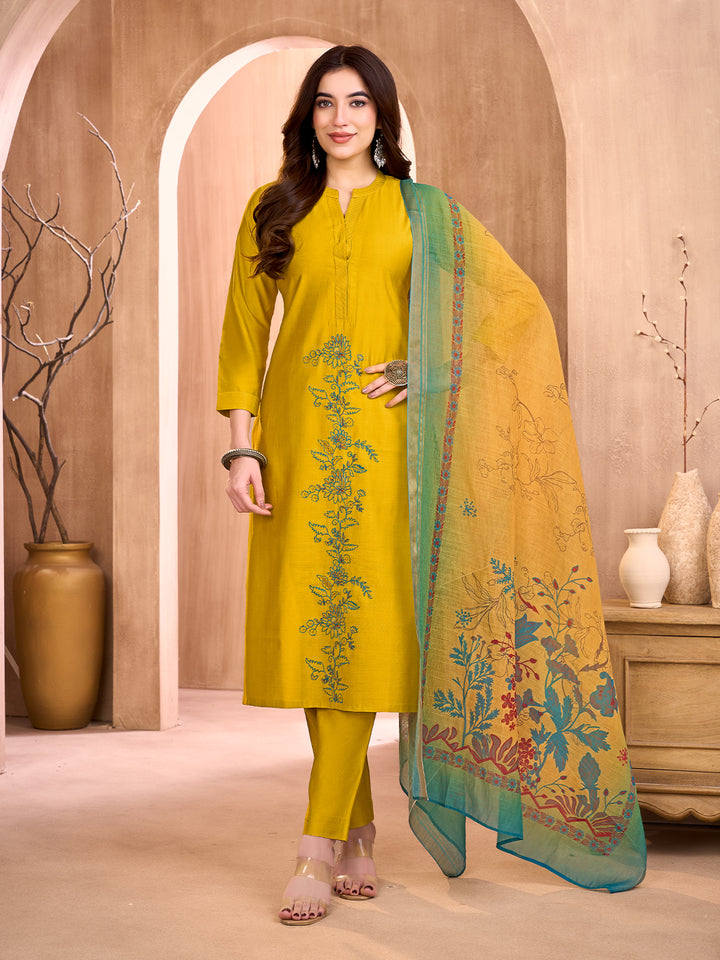 Mustard Yellow Embroidered Suit Set