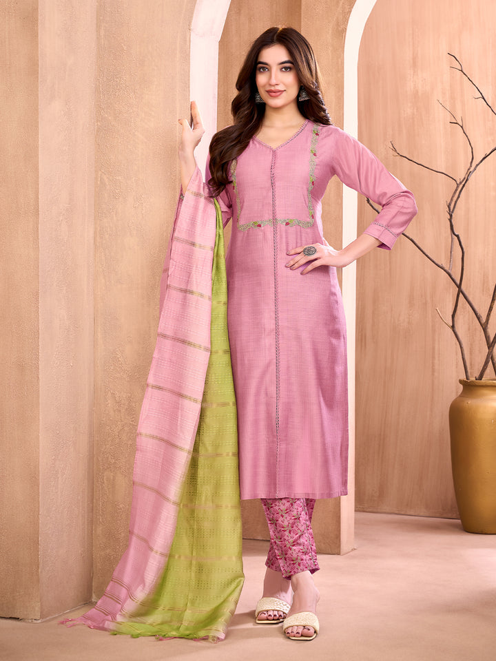 Onion Pink Embroidered Suit Set