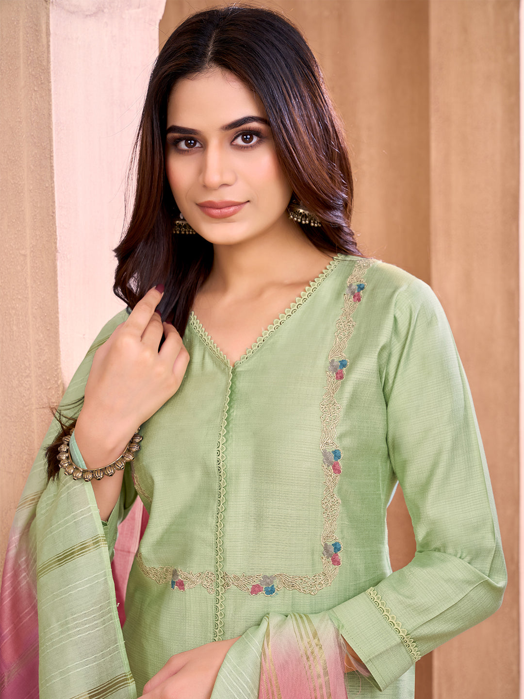 Pistachio Green Embroidered Suit Set