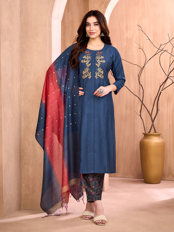 Navy Blue Embroidered Suit Set