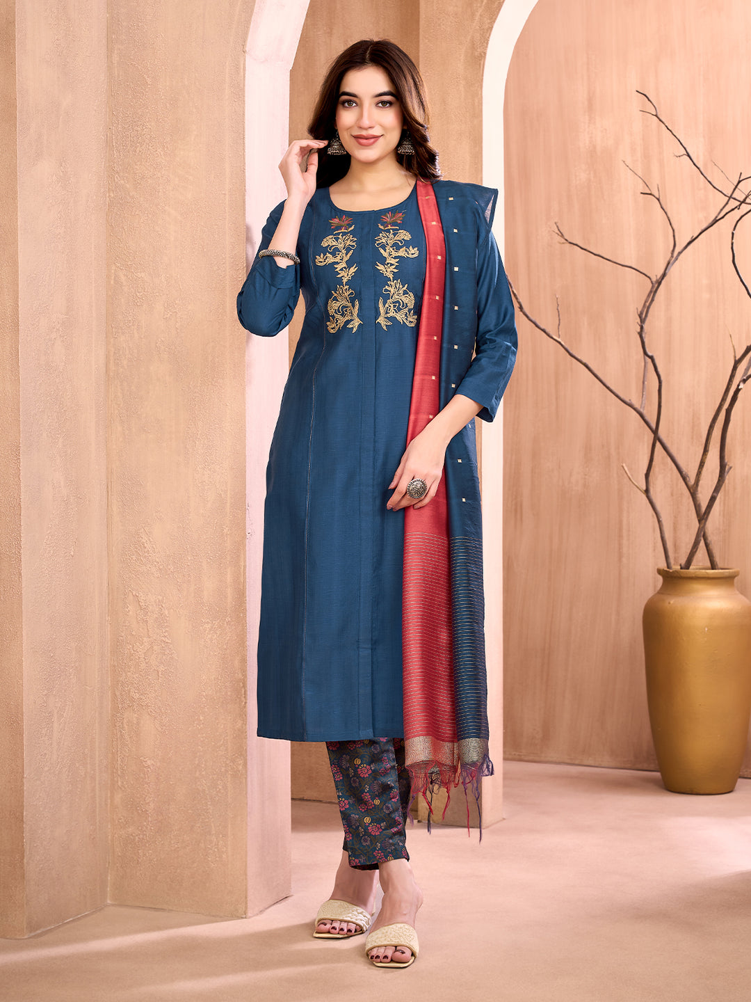 Navy Blue Embroidered Suit Set