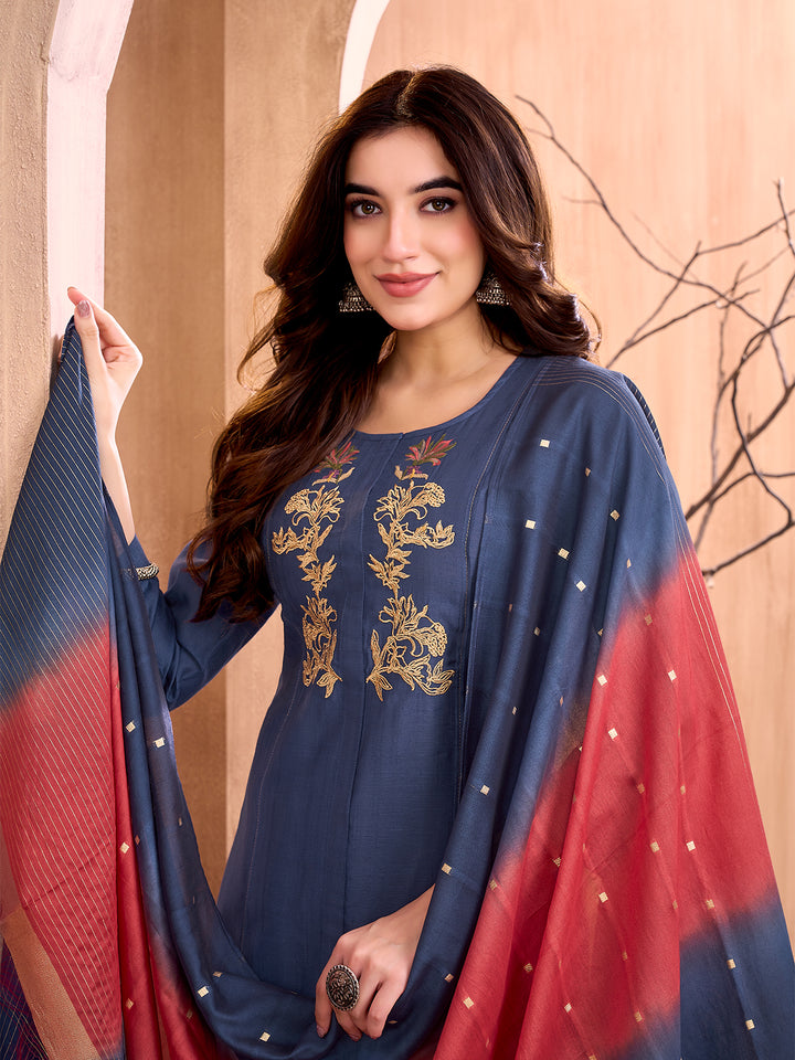 Navy Blue Embroidered Suit Set