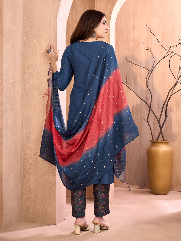 Navy Blue Embroidered Suit Set