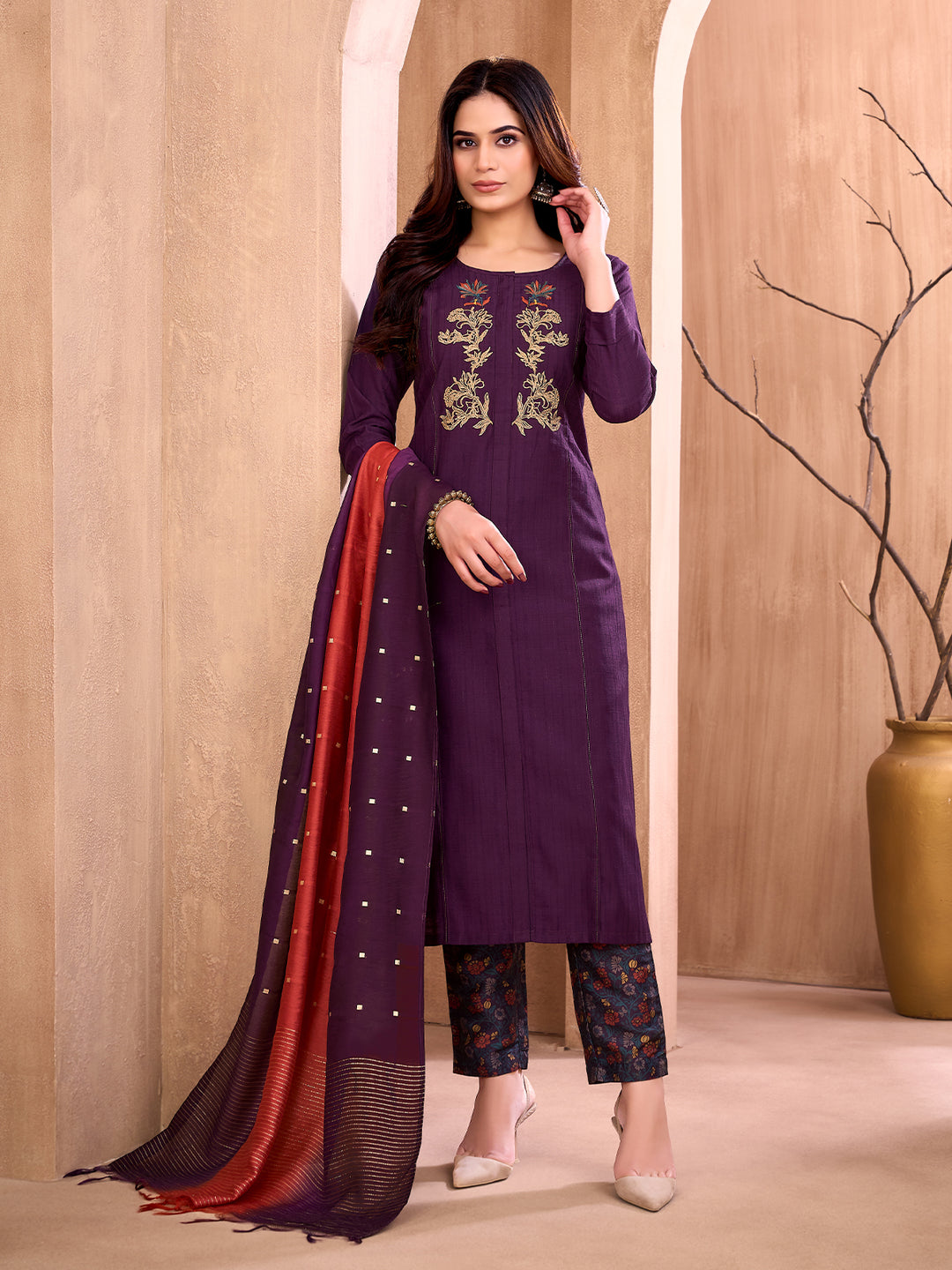 Deep Wine Embroidered Suit Set