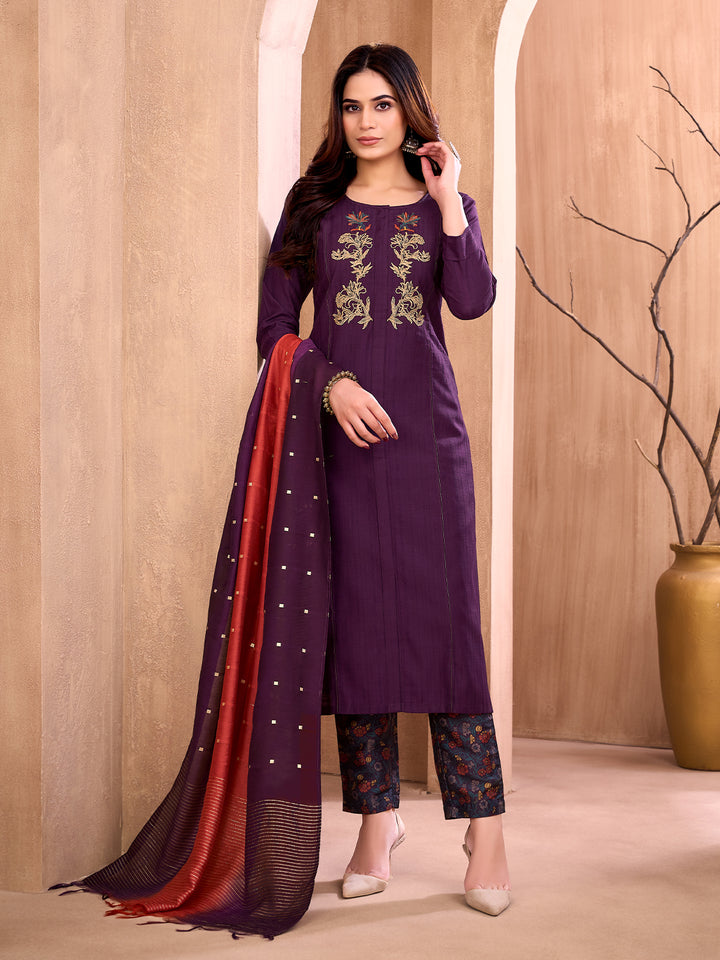 Deep Wine Embroidered Suit Set