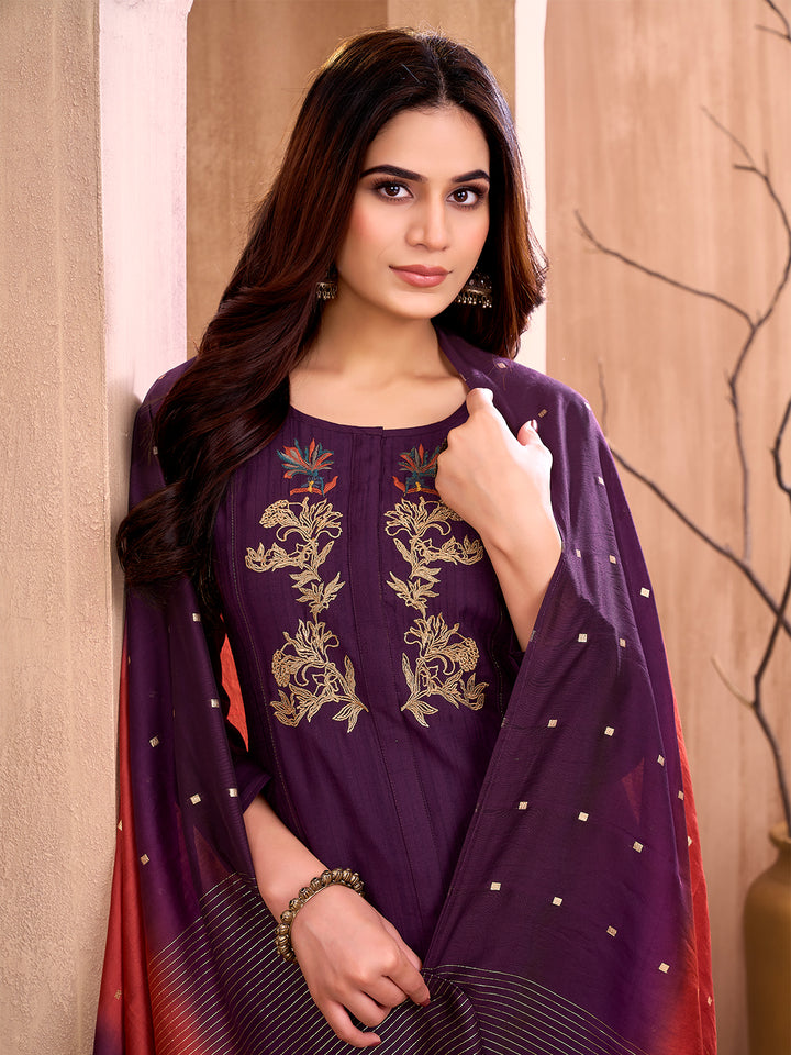 Deep Wine Embroidered Suit Set
