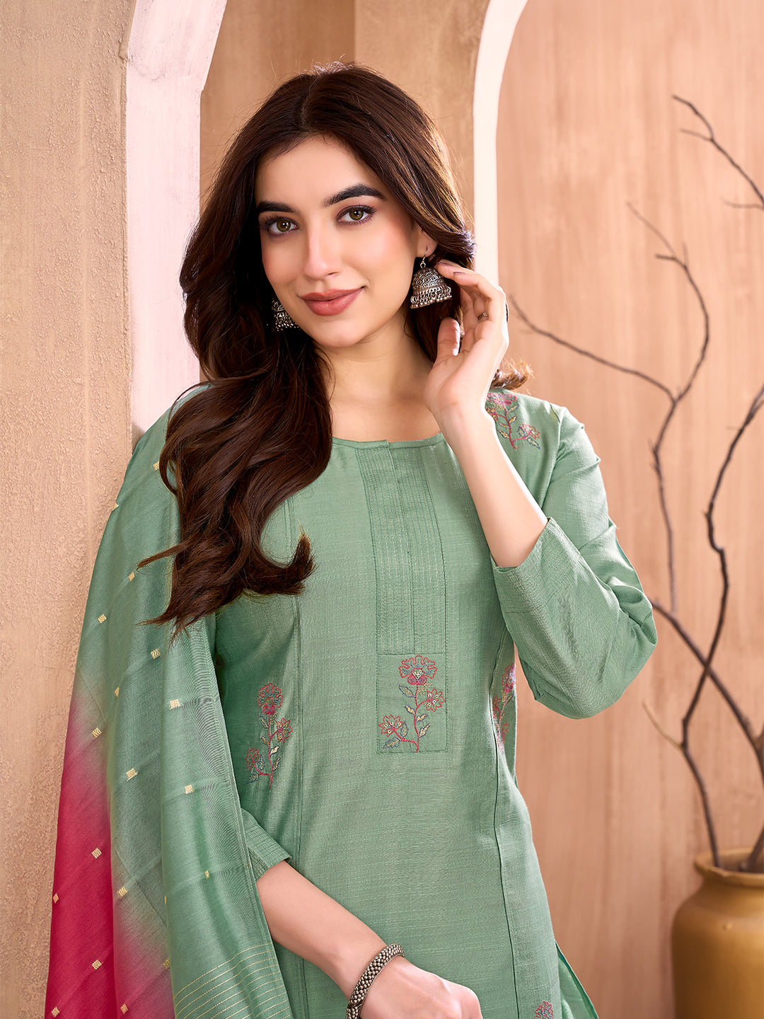 Sage Green Embroidered Suit Set