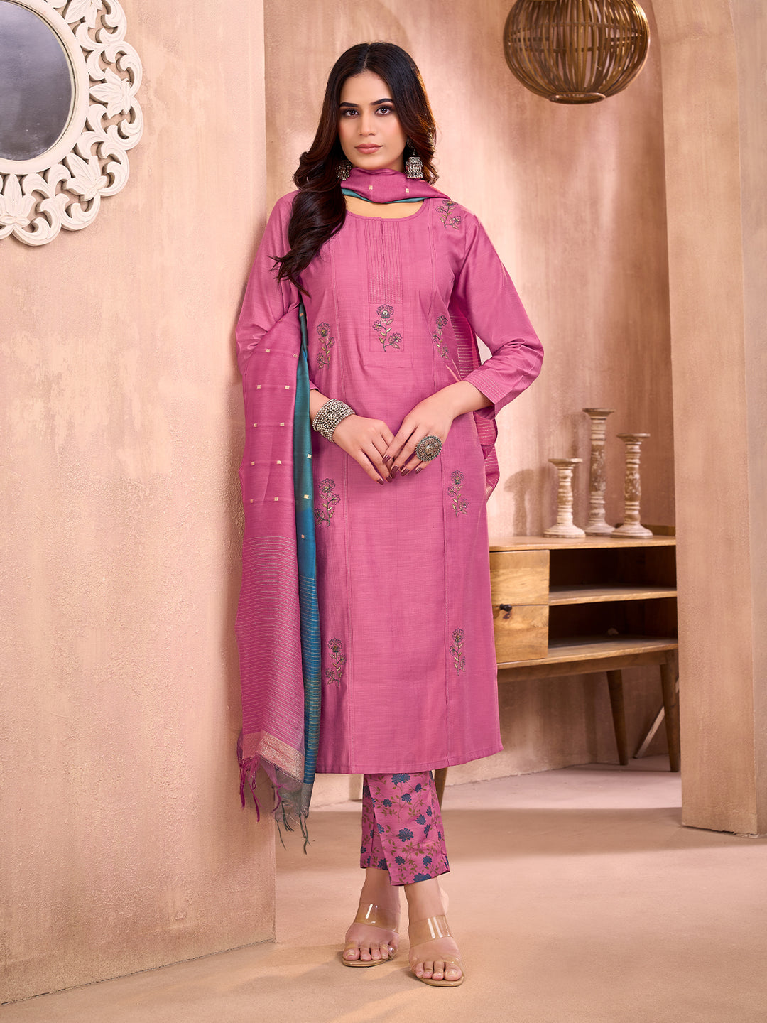 Rose Pink Embroidered Suit Set