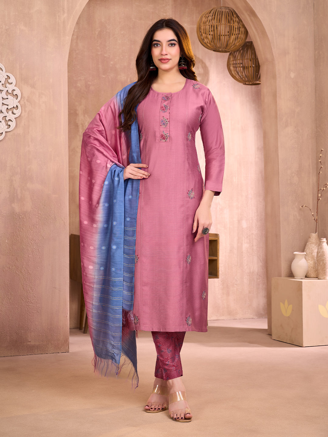 Rose Pink Embroidered Suit Set