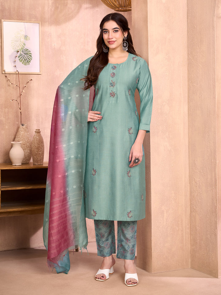 Aqua Green Embroidered Suit Set