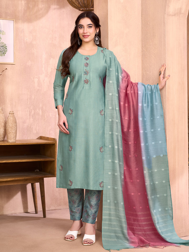 Aqua Green Embroidered Suit Set