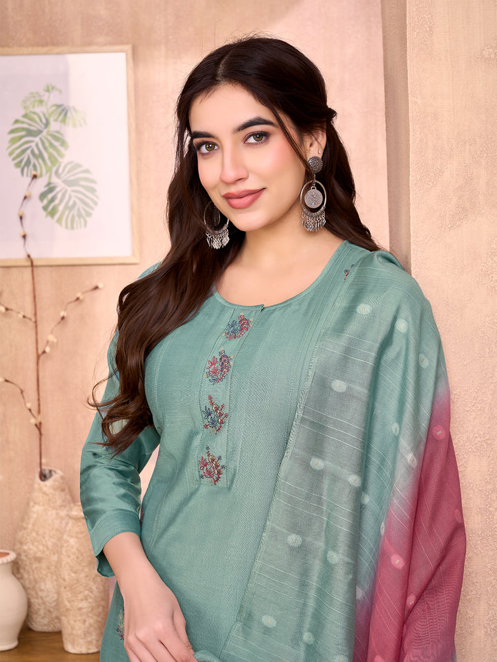 Aqua Green Embroidered Suit Set