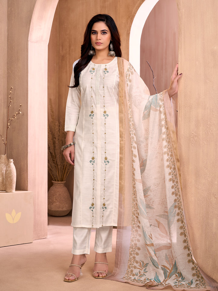 Off-White Floral Embroidered Suit Set