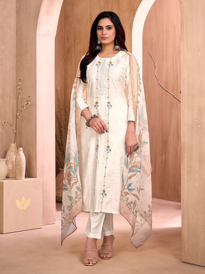 Off-White Floral Embroidered Suit Set