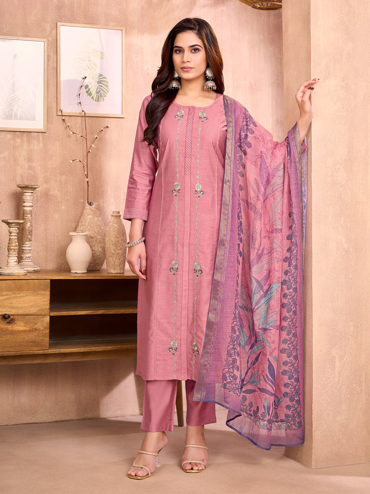 Mauve Pink Floral Embroidered Suit Set
