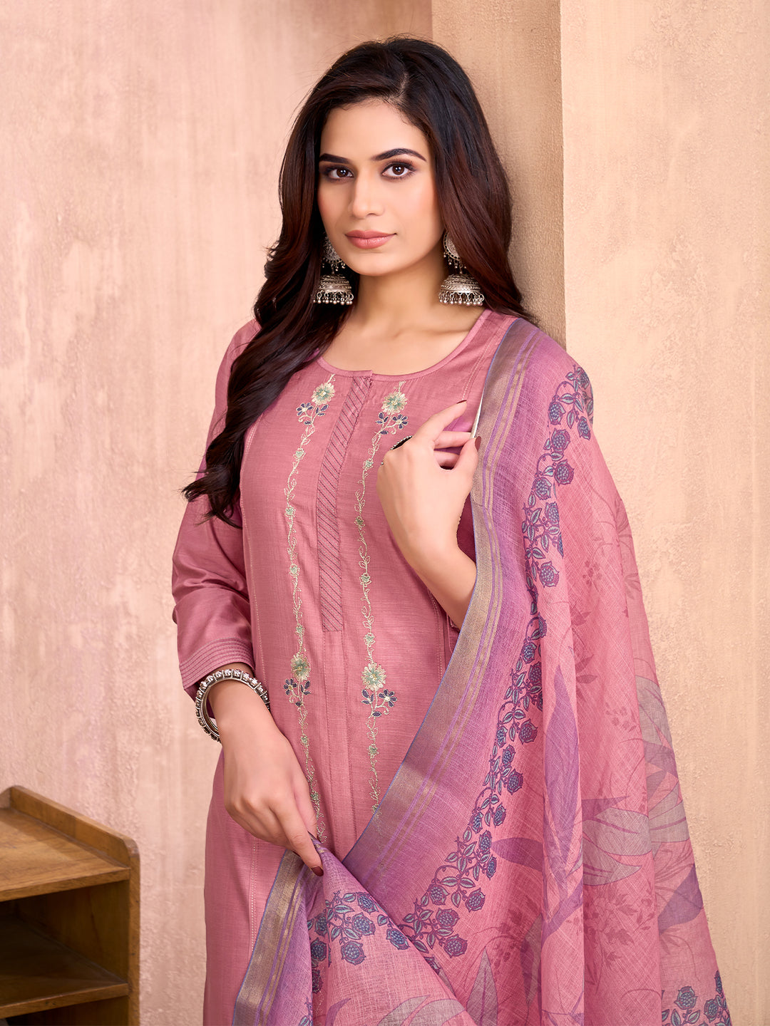 Mauve Pink Floral Embroidered Suit Set