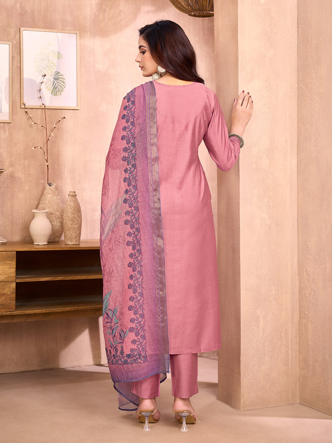 Mauve Pink Floral Embroidered Suit Set