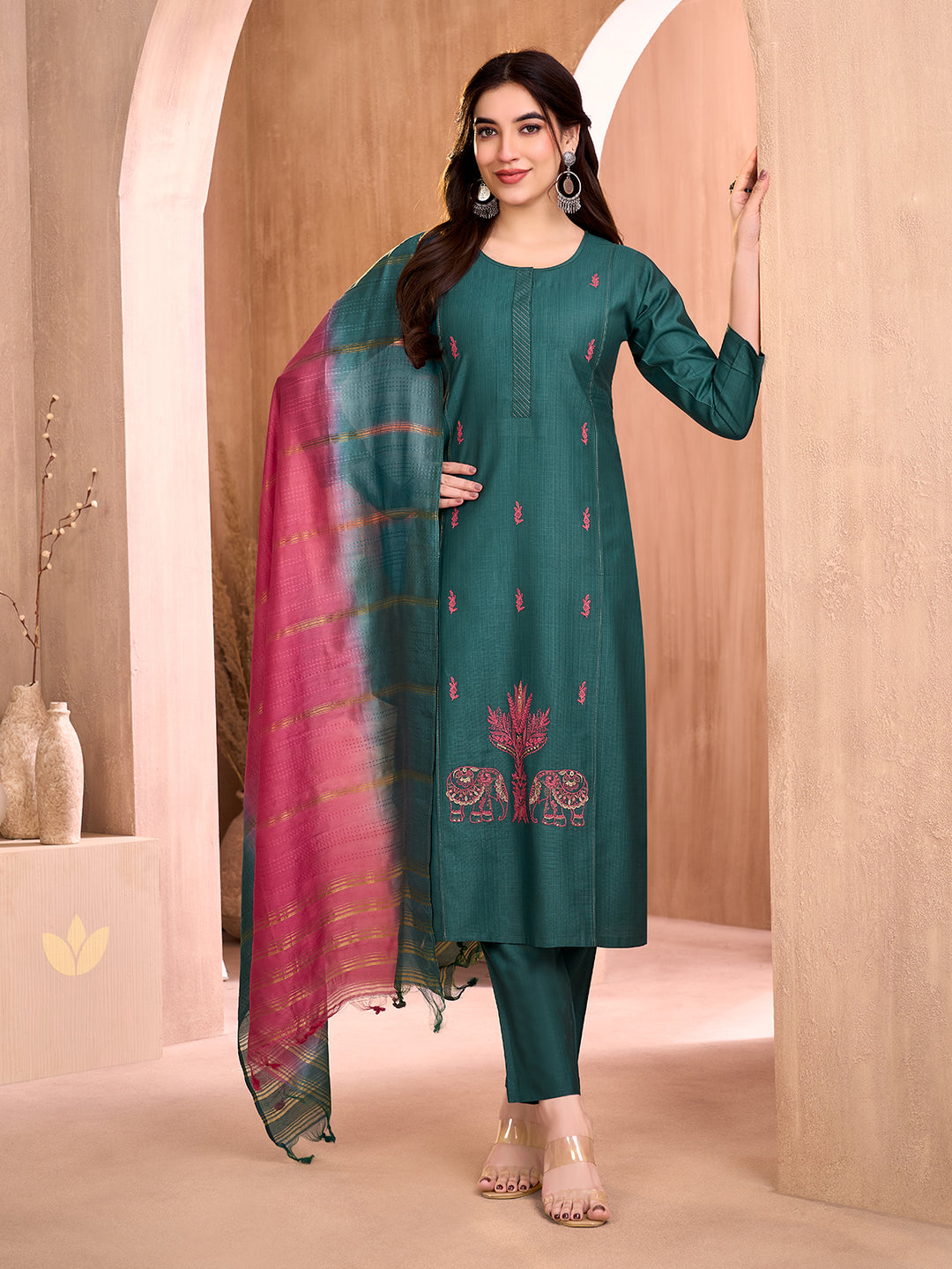 Teal Embroidered Suit Set