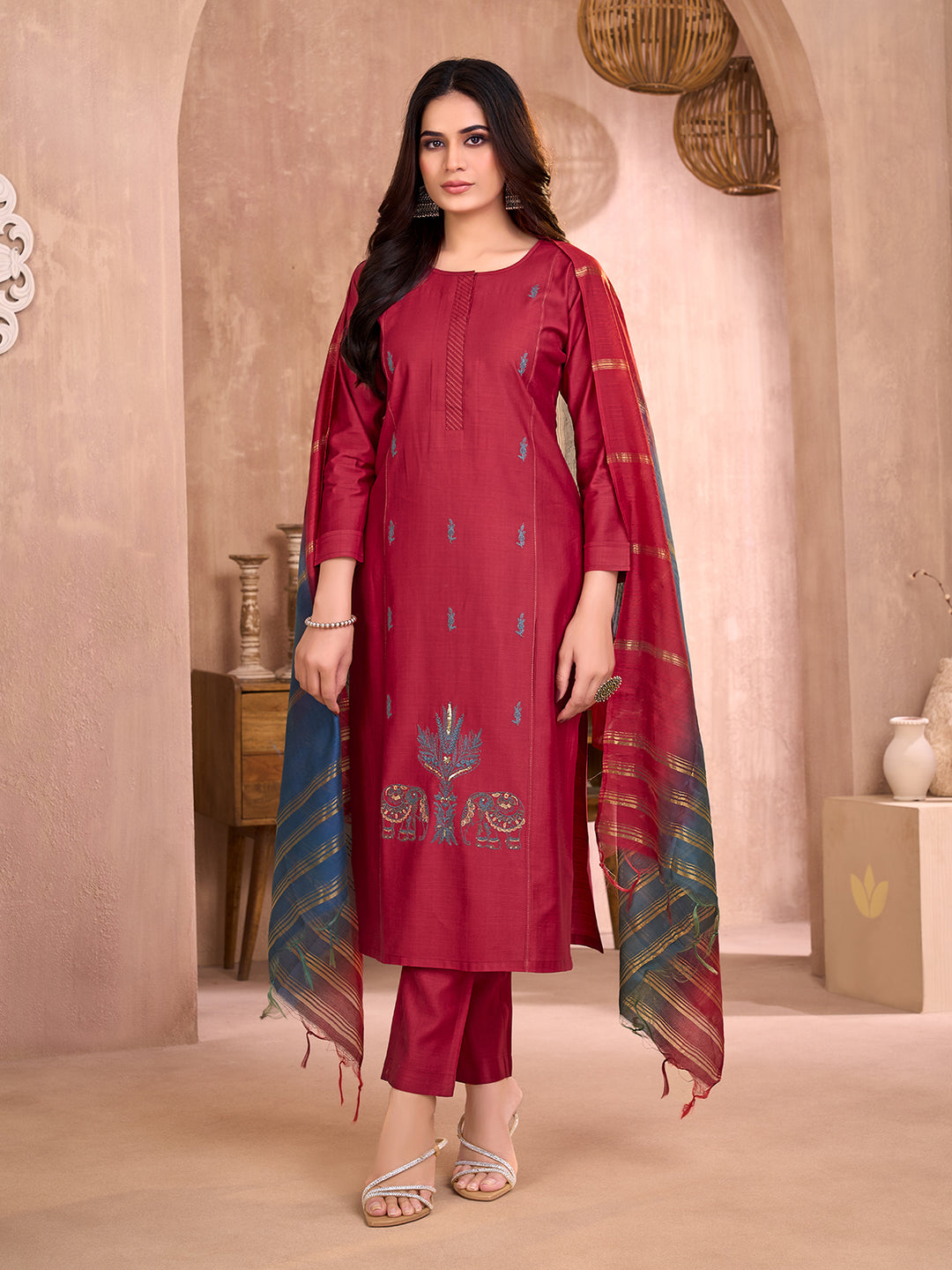 Red Embroidered Suit Set