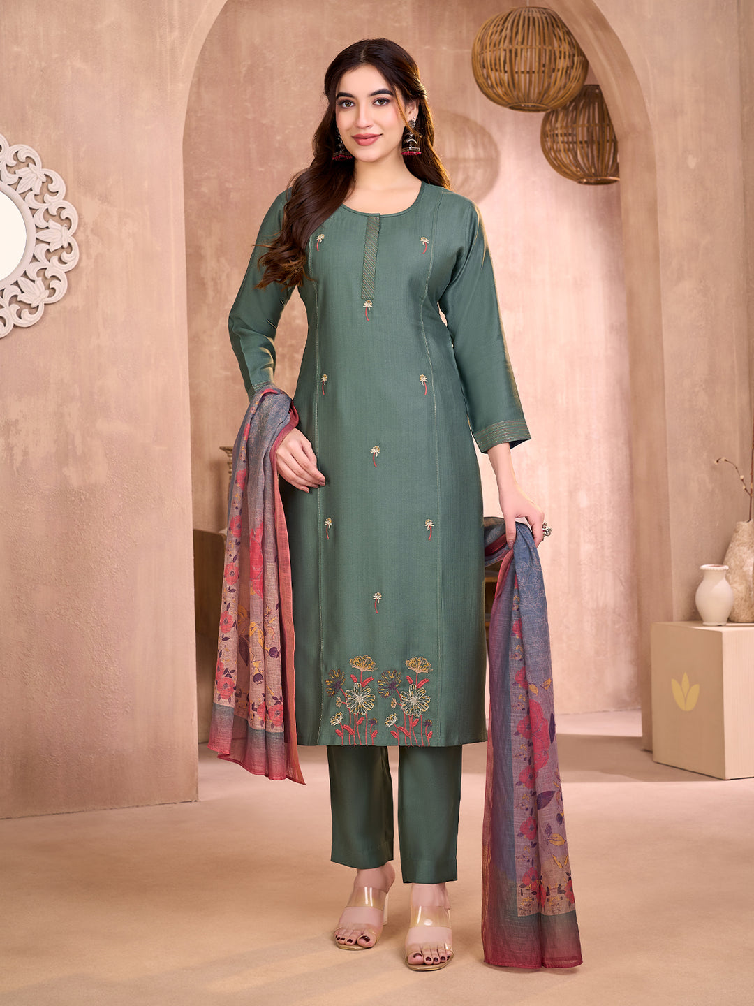 Forest Green Embroidered Suit Set