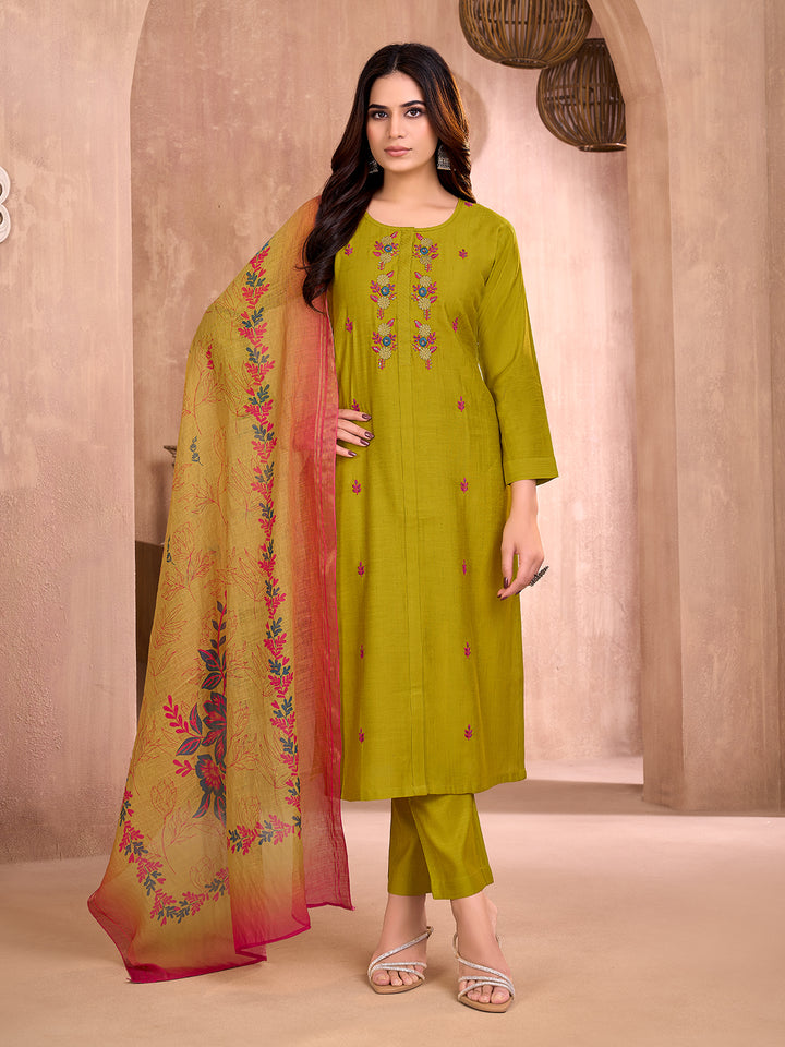 Olive Green Embroidered Suit Set