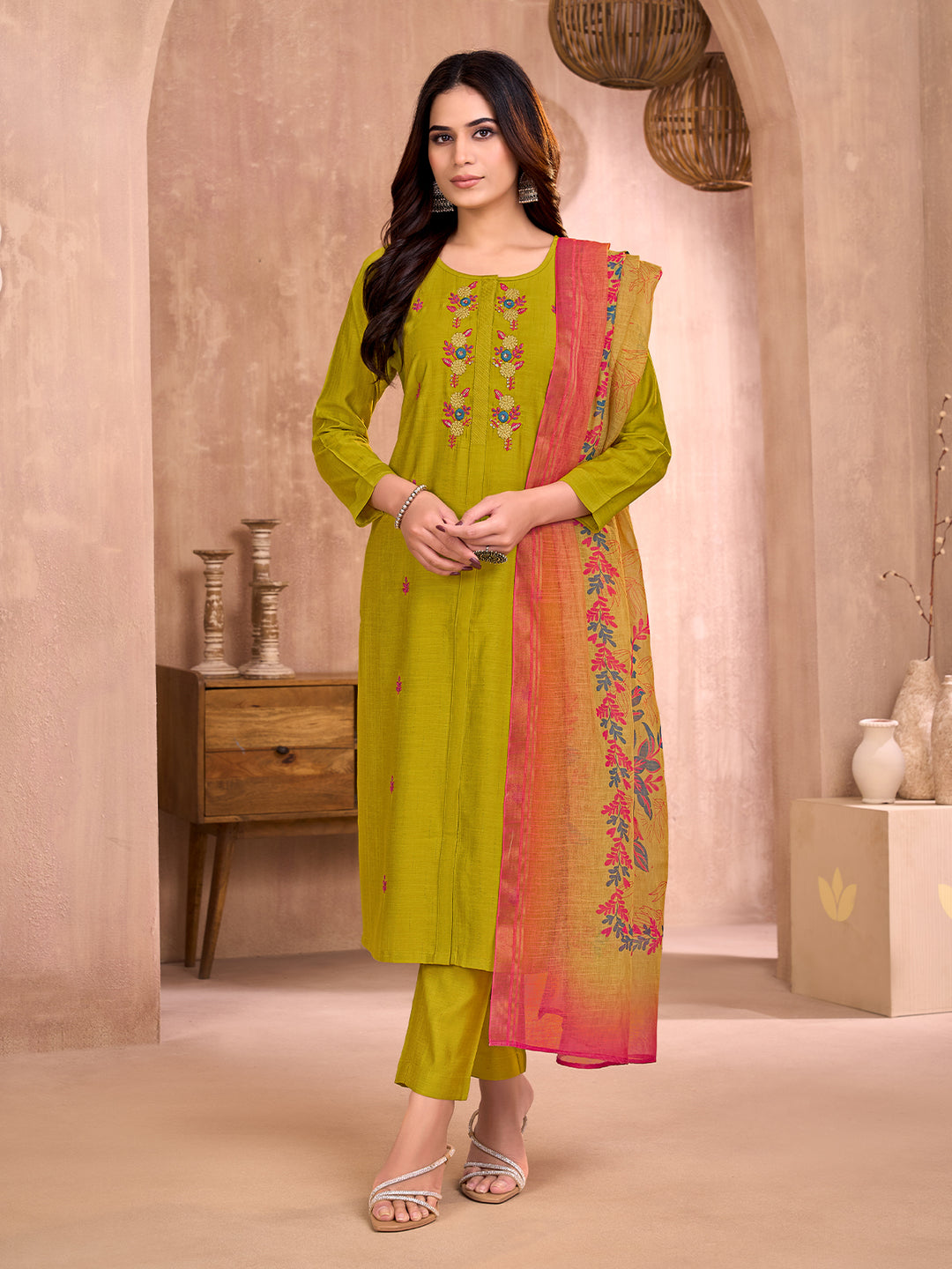 Olive Green Embroidered Suit Set