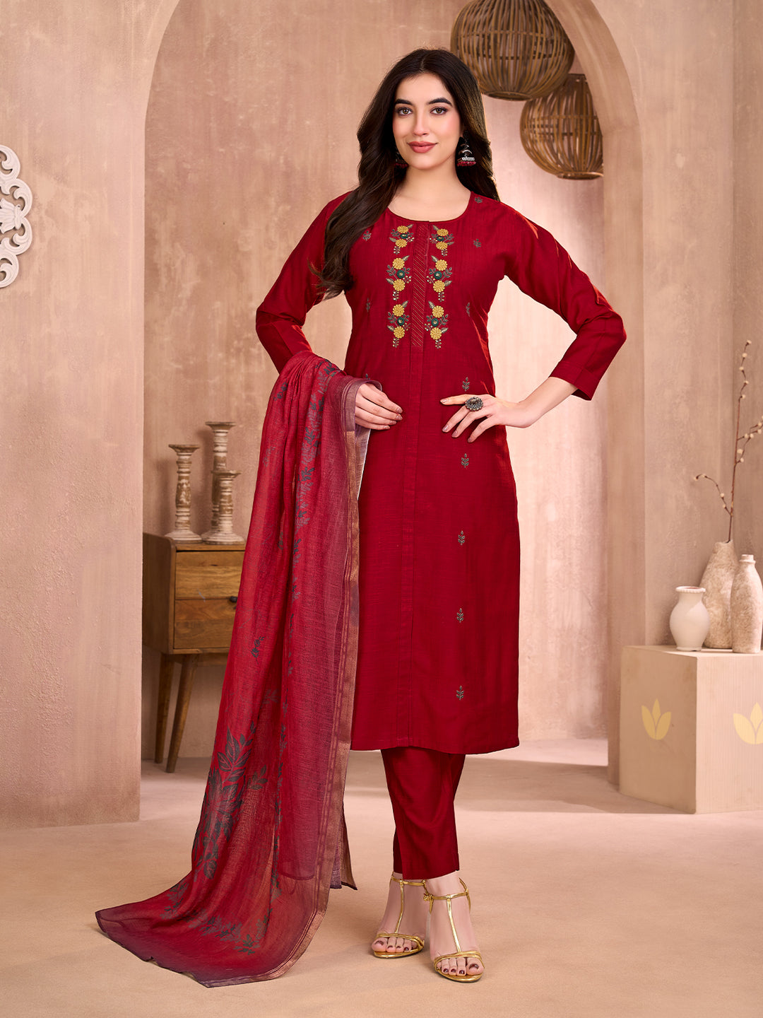 Red Embroidered Suit Set