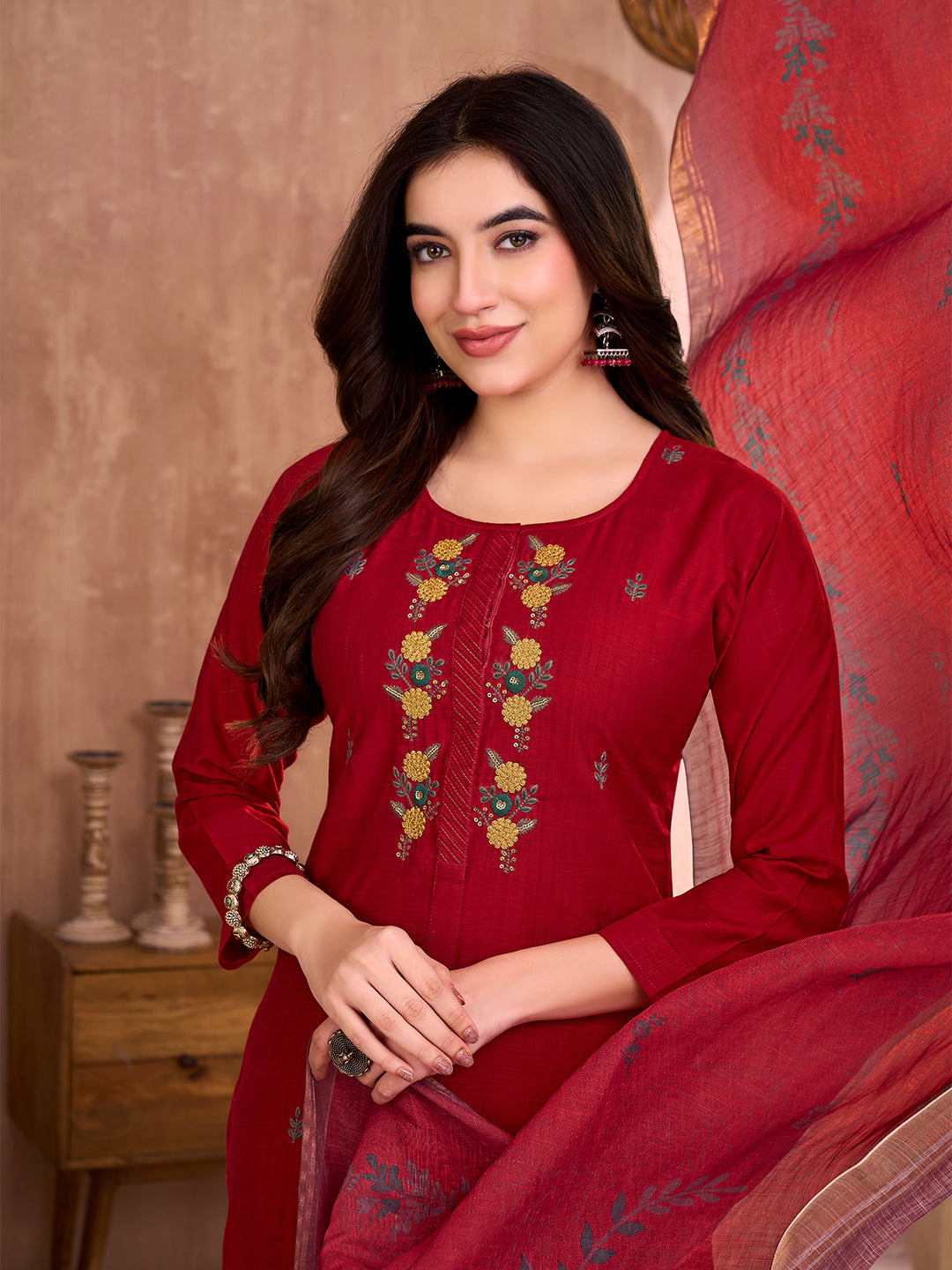 Red Embroidered Suit Set