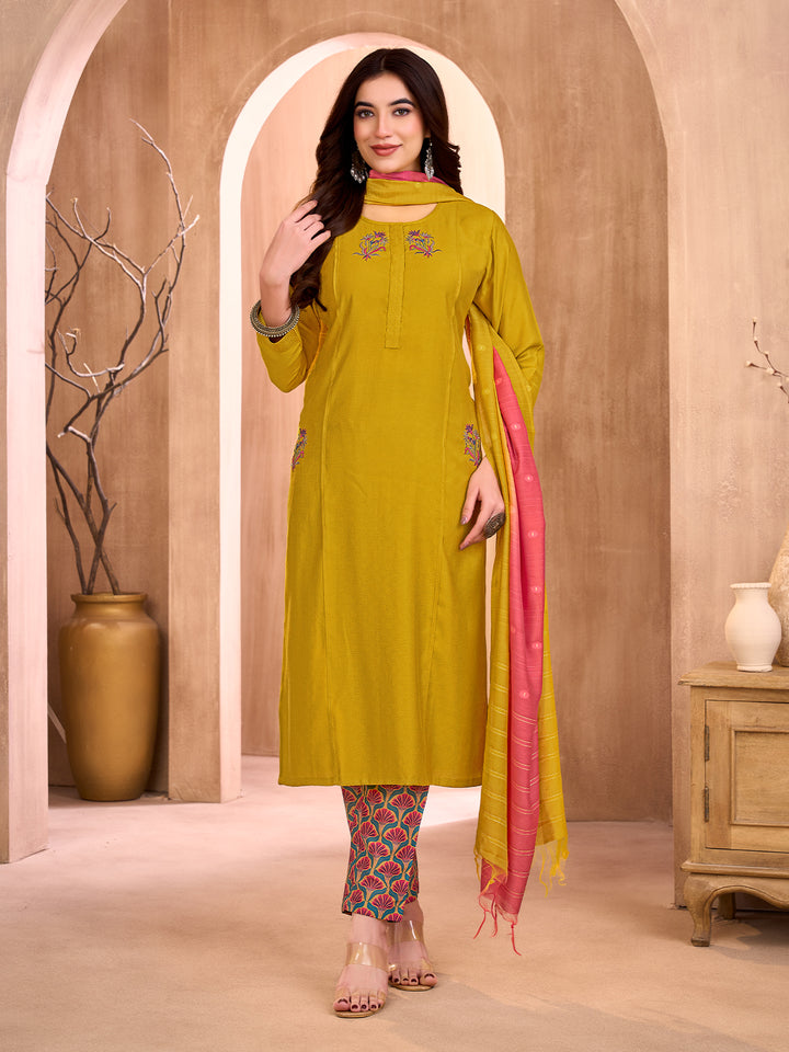 Mustard Yellow Embroidered Suit Set