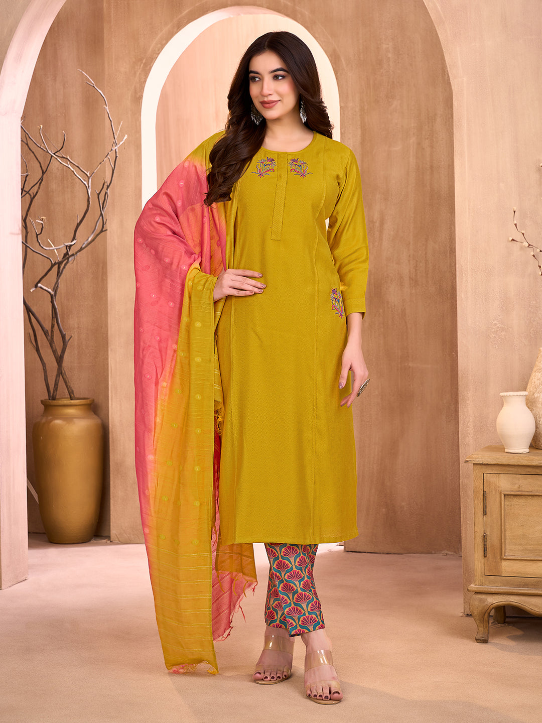 Mustard Yellow Embroidered Suit Set