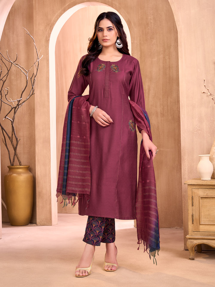 Wine Embroidered Suit Set