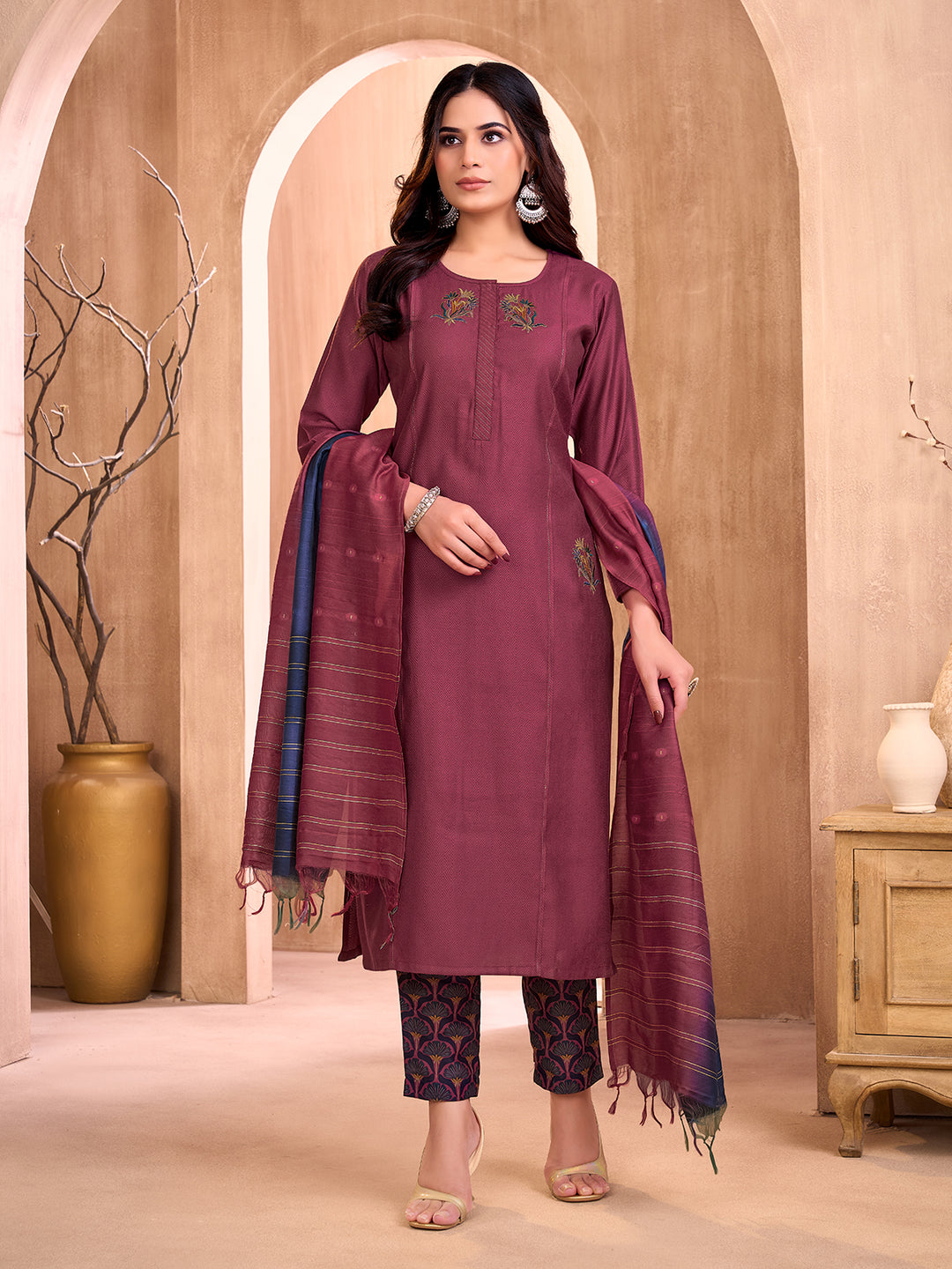 Wine Embroidered Suit Set