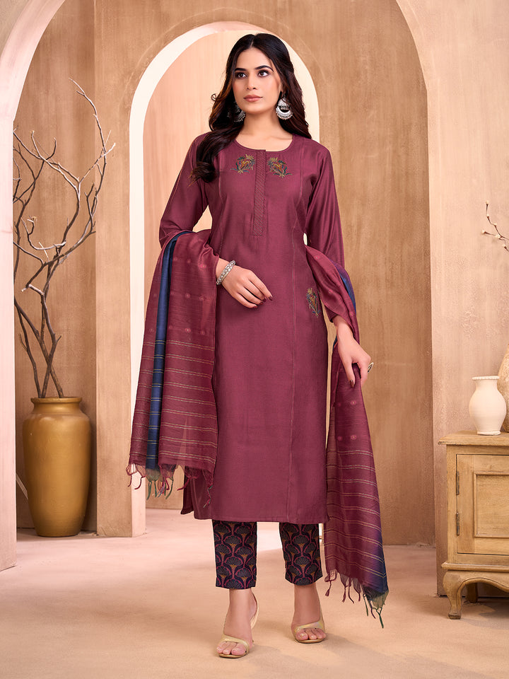 Wine Embroidered Suit Set