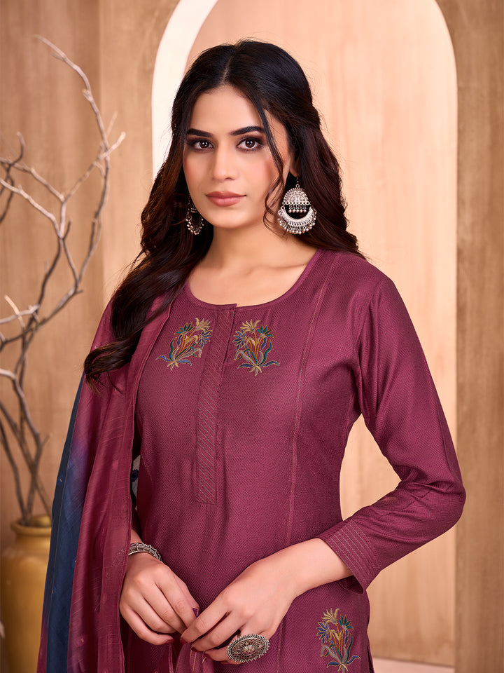 Wine Embroidered Suit Set