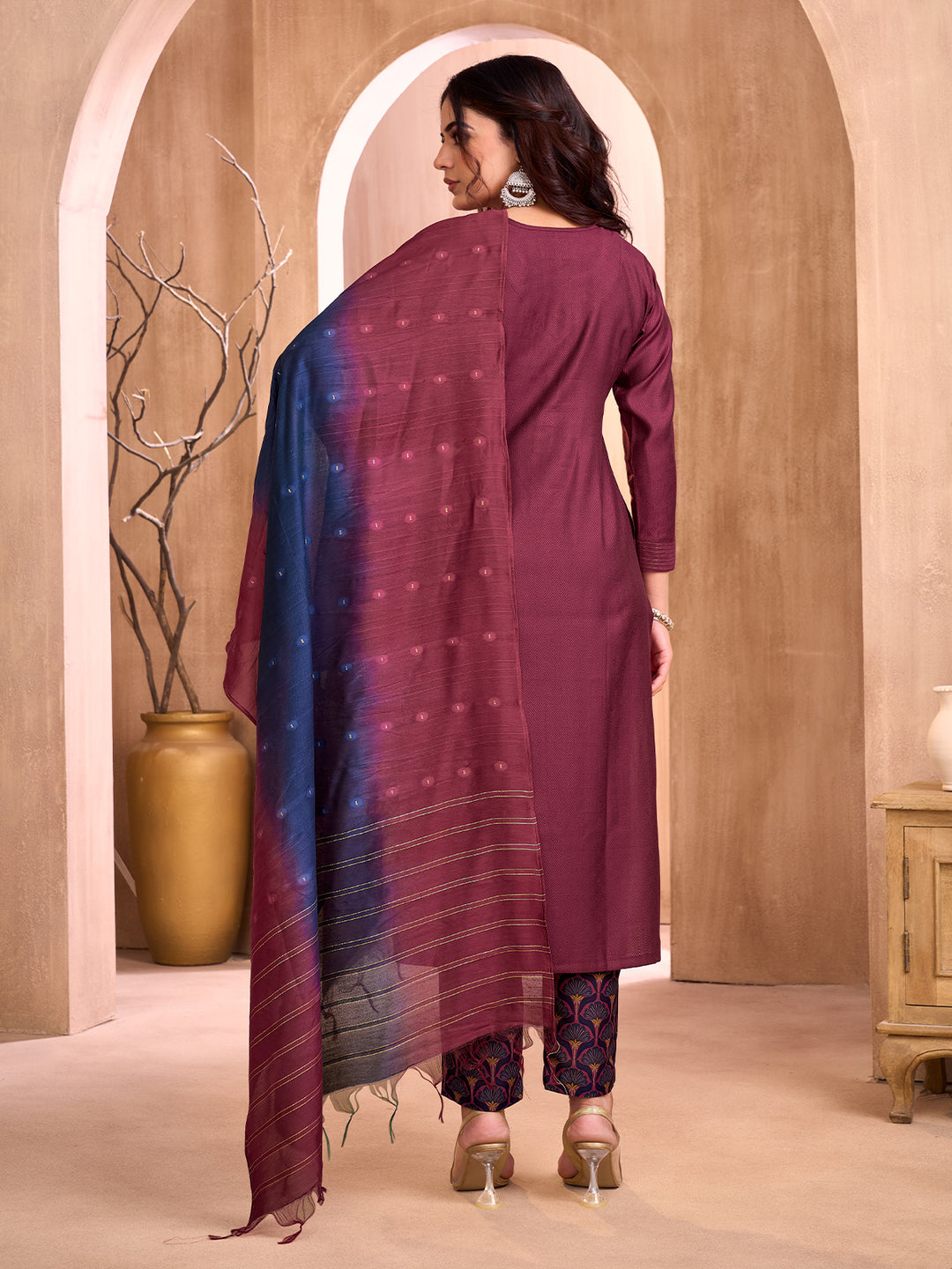 Wine Embroidered Suit Set