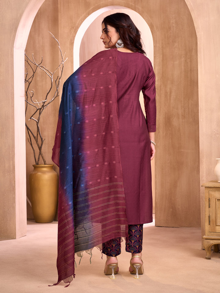 Wine Embroidered Suit Set