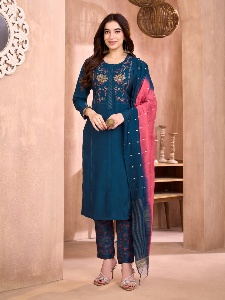 Blue Floral Embroidered Suit Set
